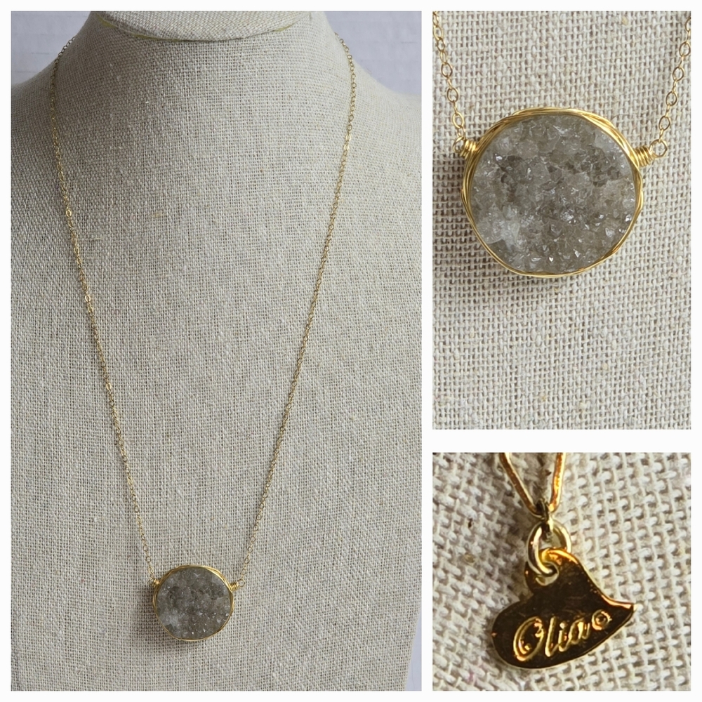 OLIA DESIGNS Smoky Grey Druzy Stone Pendant Delicate GF Gold Chain Necklace